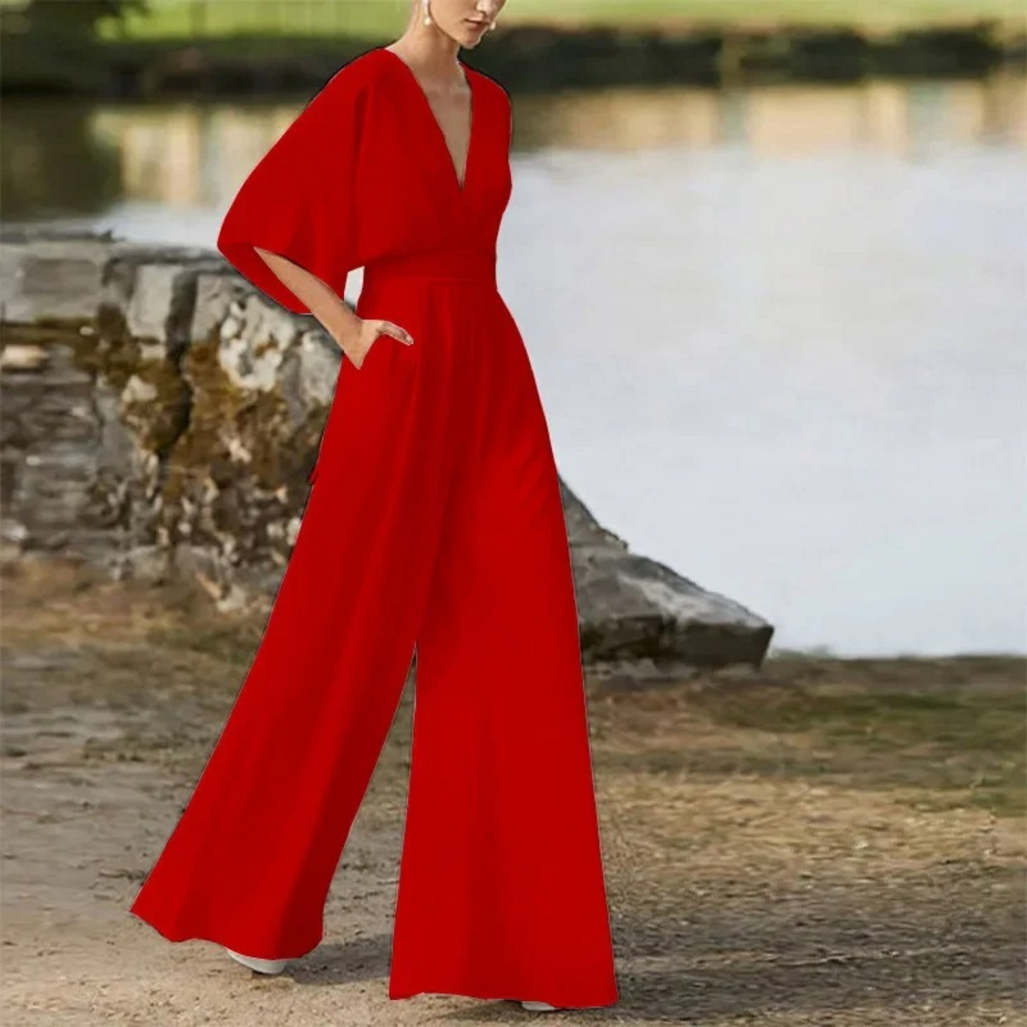 Jentry - Combinaison élégante à col en V avec pantalon ample