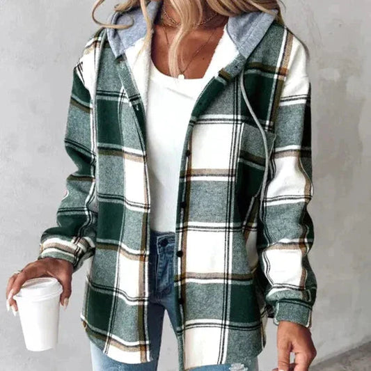 Trudy - Manteau à Carreaux Vert avec Capuche pour Femmes