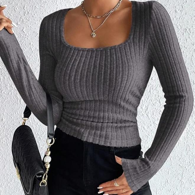 Elena - Gris foncé Haut Slim Tricoté pour Femmes