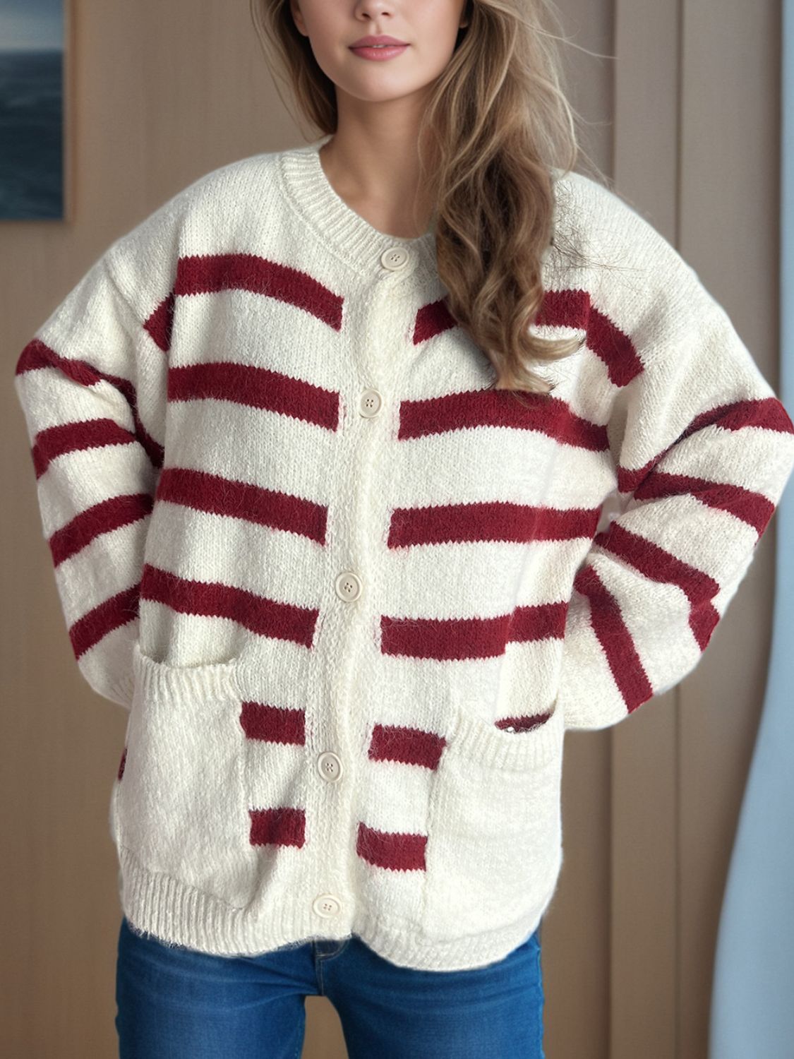 Lea - Cardigan à rayures boutonné et manches longues pour femme