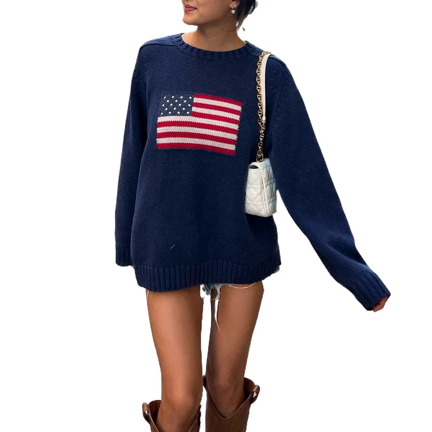 Ella - Pull Tricoté Bleu avec Drapeau Américain pour Femmes