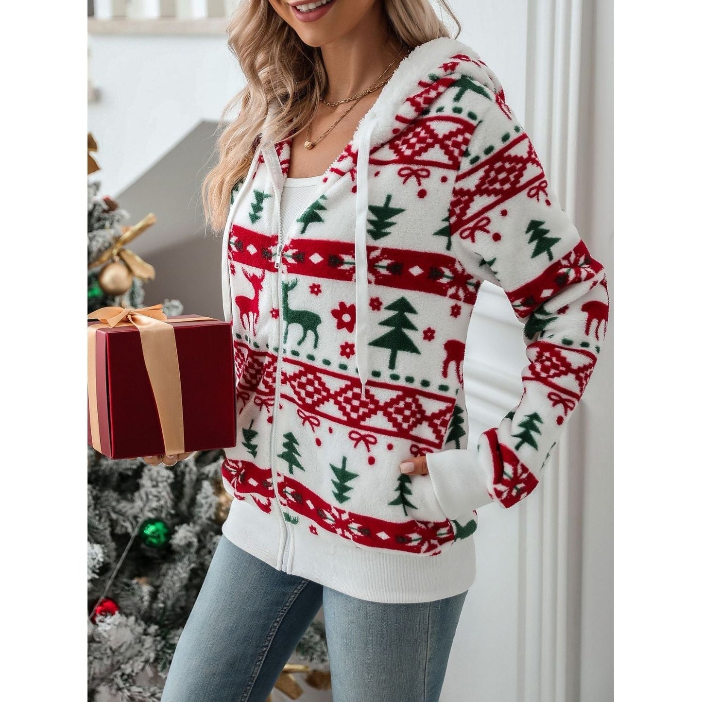 Lena - Blanc Veste de Noël à Capuche avec Fermeture Éclair pour Femme