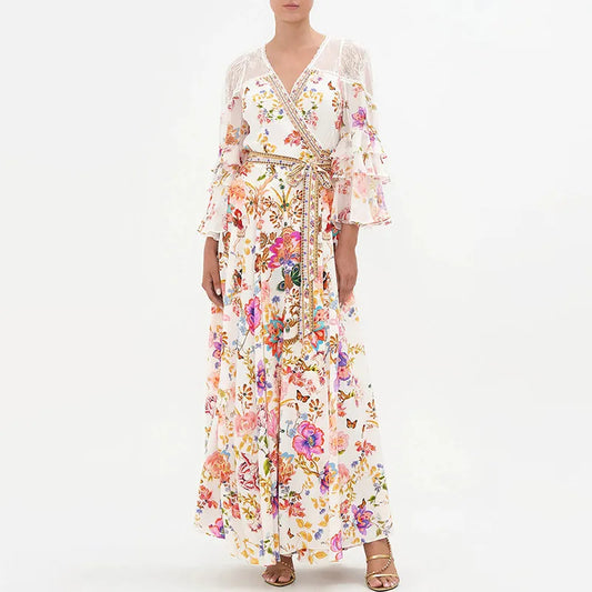 Robe Féérique à Col V - Cintrée avec Motif Floral