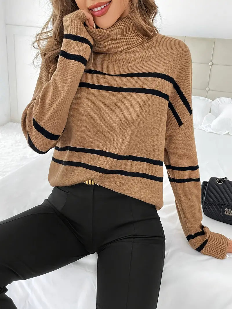 Elina - Marron Pull à col roulé rayé et douillet pour femme