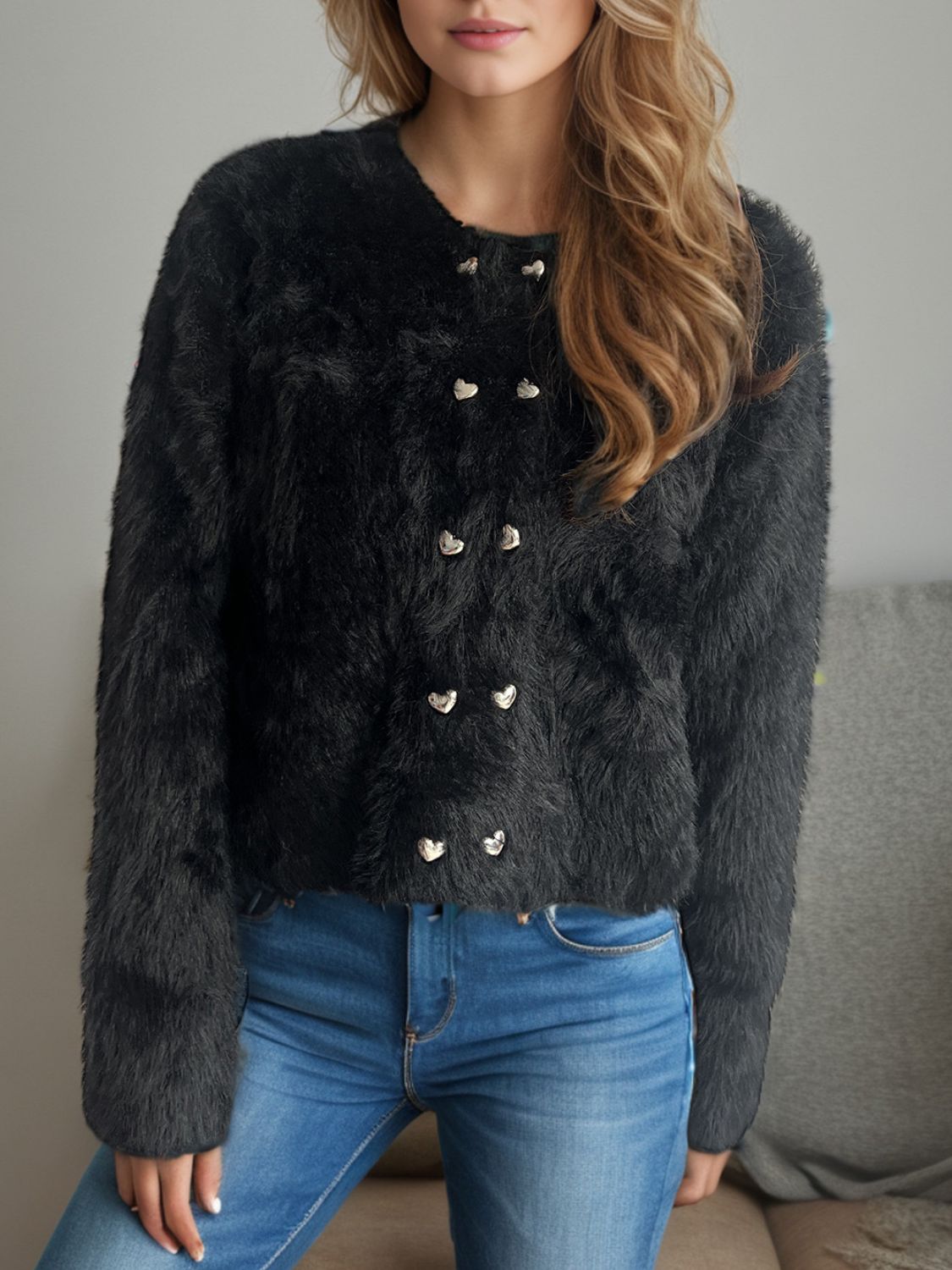 Clara - Cardigan à col rond avec boutons en forme de cœur pour femme