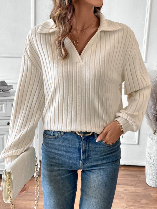 Ava - Kaki T-shirt côtelé à manches longues avec col Johnny pour femme
