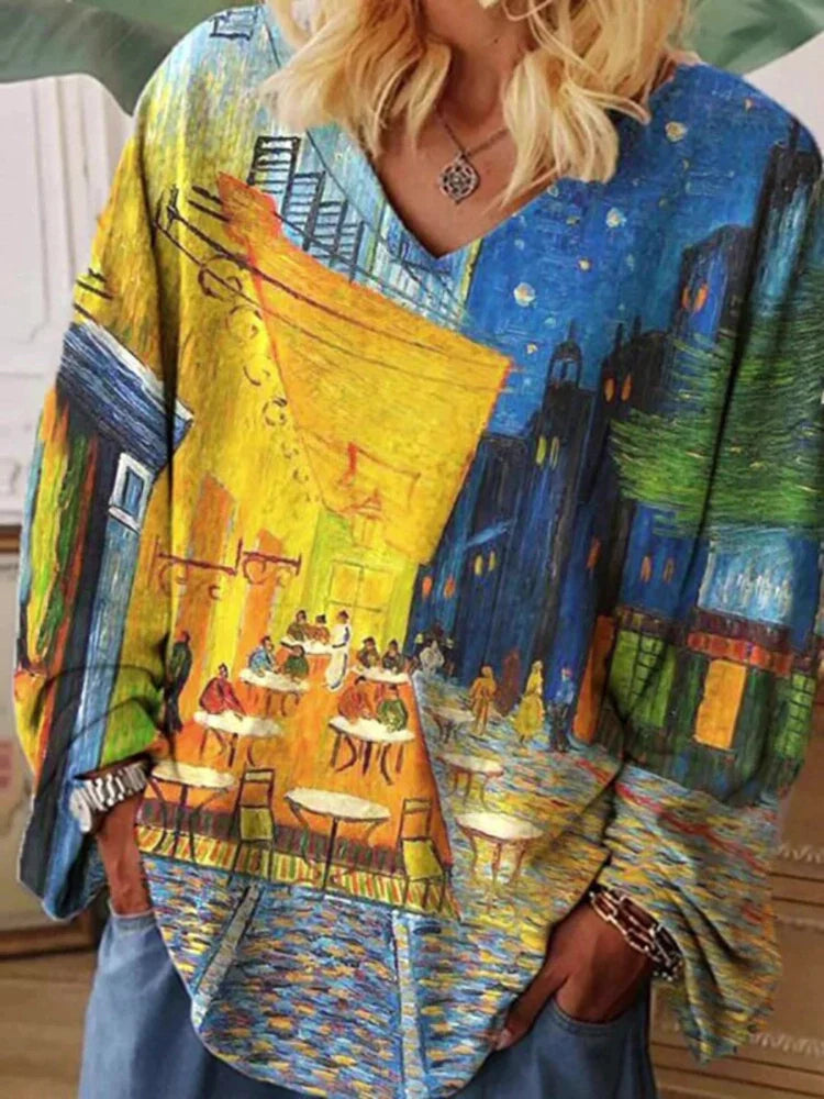 T-shirt à col en V Van Gogh Art, coupe ample