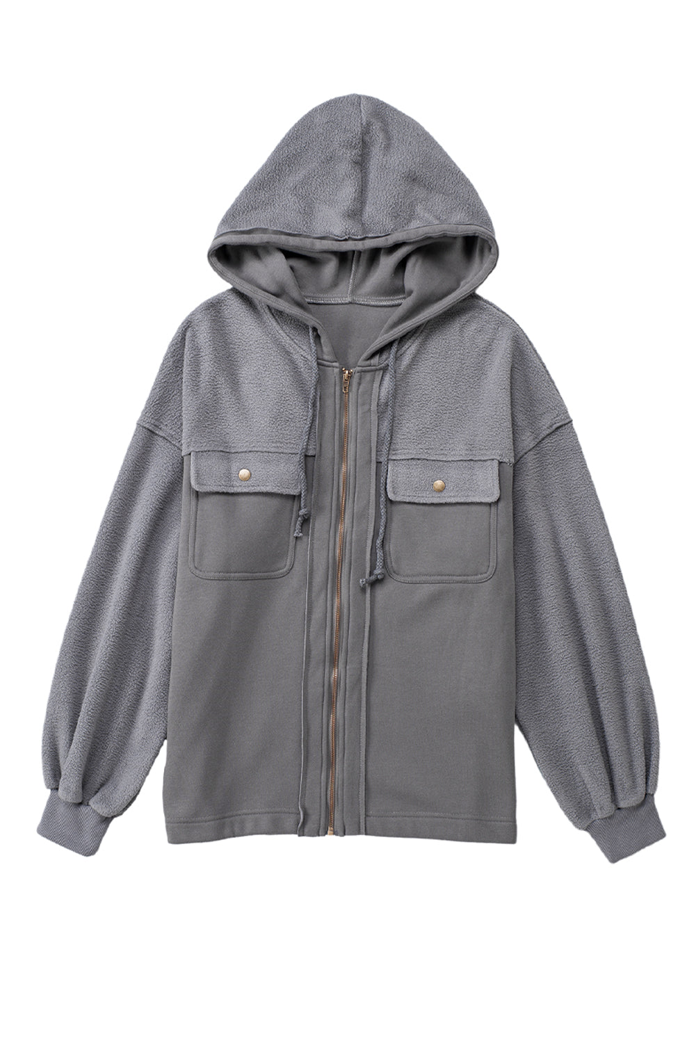Ella - Veste zippée grise avec poches à rabat et capuche à cordon pour femme