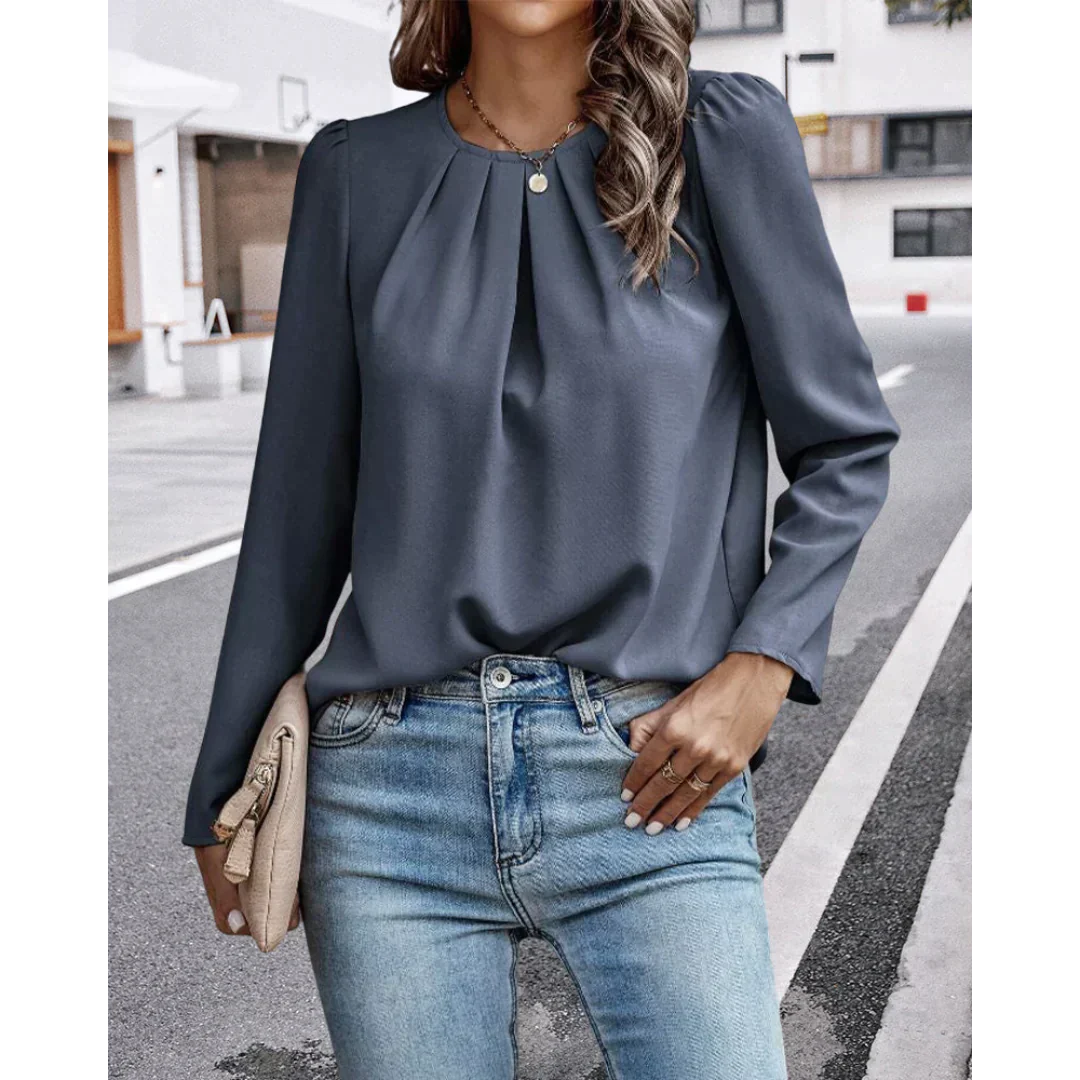 Lina - Blouse Plissée Bleue avec Manches Bouffantes pour Femmes