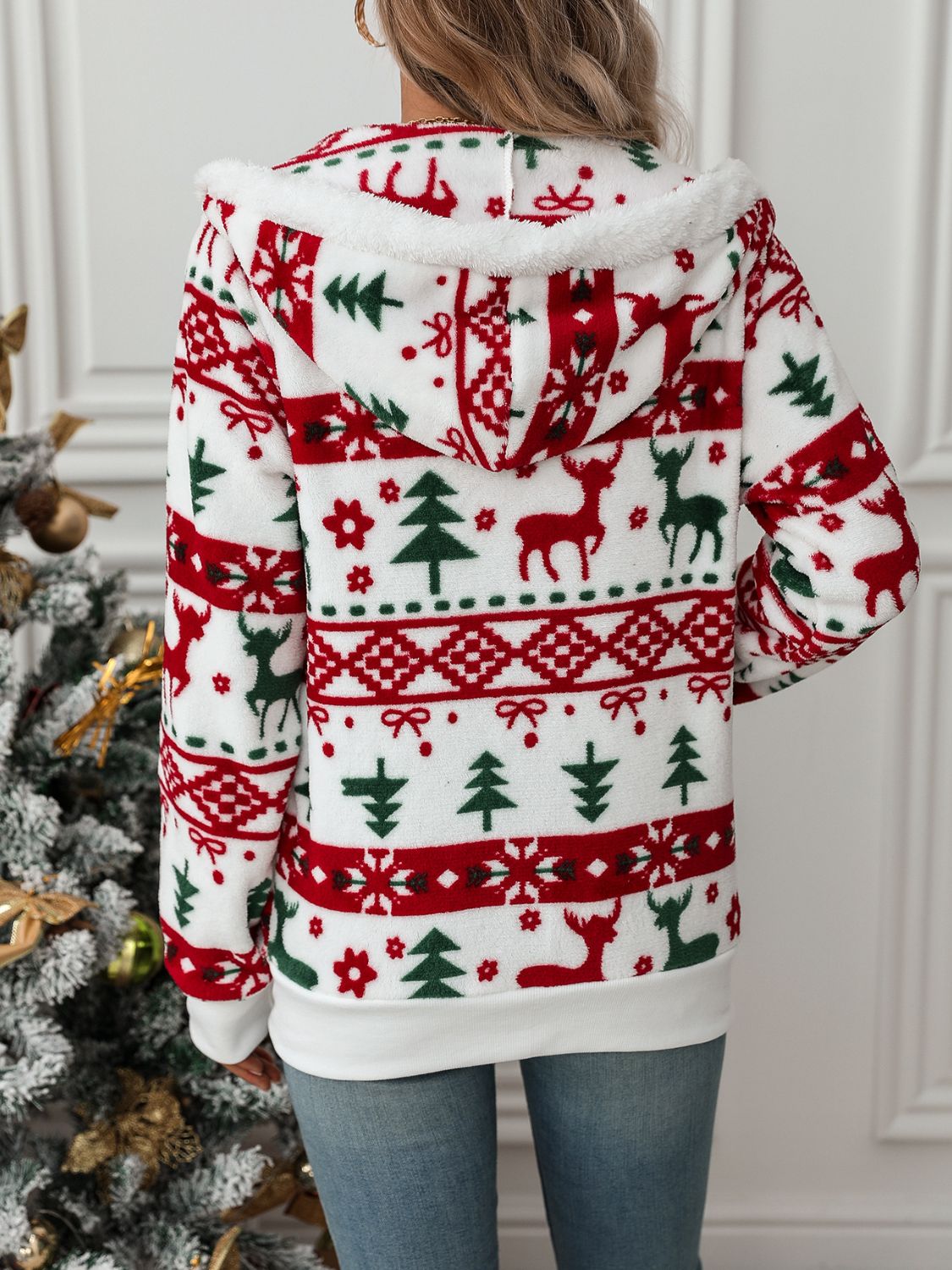 Lena - Blanc Veste de Noël à Capuche avec Fermeture Éclair pour Femme