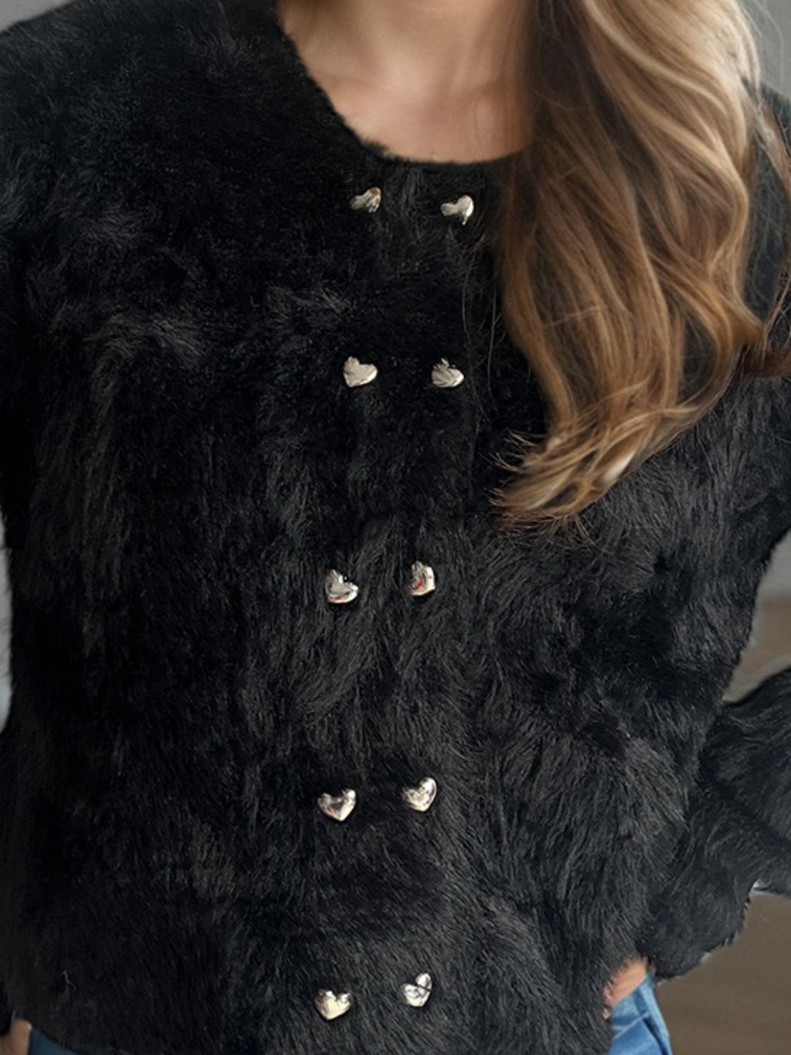 Clara - Cardigan à col rond avec boutons en forme de cœur pour femme