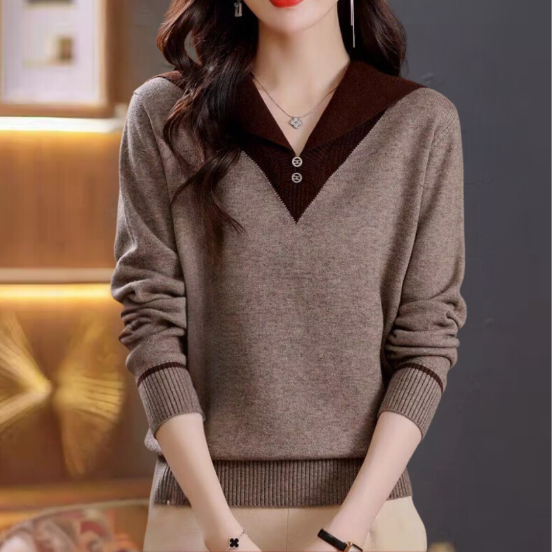 Ciri - Pull Femme Élégant avec Encolure en V et Détails Patchwork