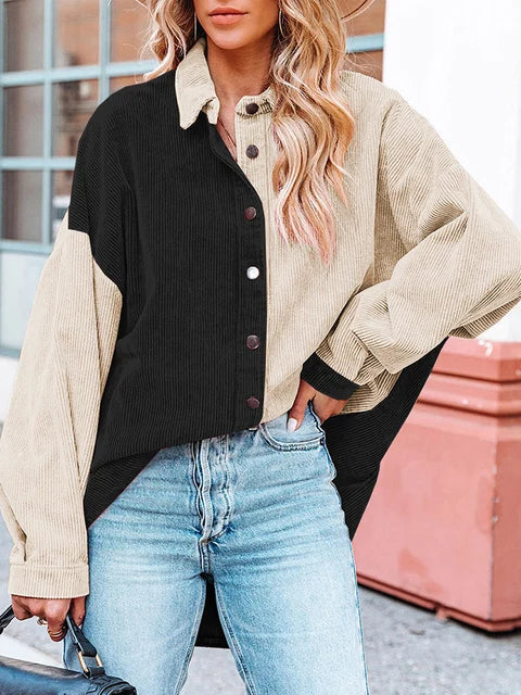 Mae - Blouse en Velours Côtelé Stylée d'Automne avec Couleurs Contrastantes pour Femmes