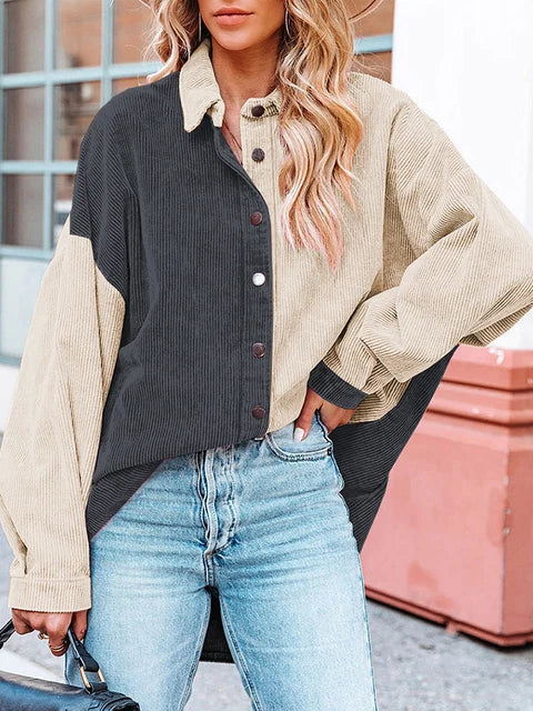 Mae - Blouse en Velours Côtelé Stylée d'Automne avec Couleurs Contrastantes pour Femmes