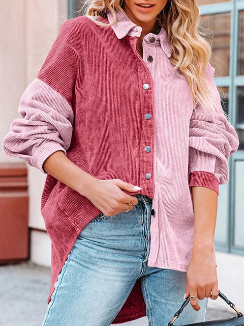 Mae - Blouse en Velours Côtelé Stylée d'Automne avec Couleurs Contrastantes pour Femmes