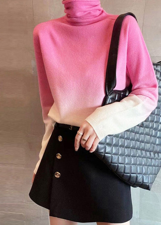 Amalia - Nouveau Top en Tricot Patchwork à Col Roulé et Dégradé de Rose en Coton pour Femmes pour l'Automne
