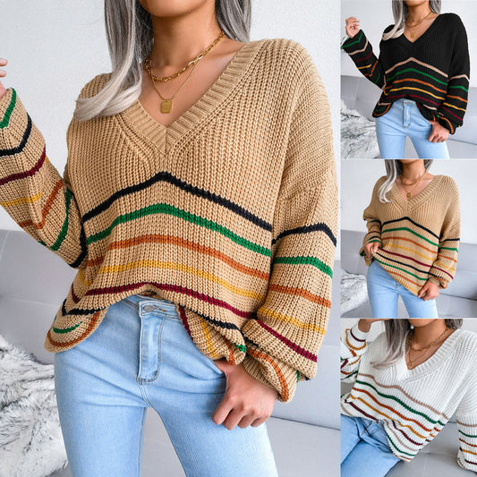 Bella - Pull en maille rayé rétro blanc pour femme