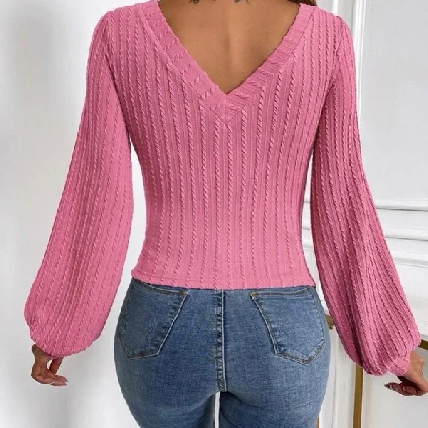 Lena - Haut en maille élégant avec col en V et manches longues pour femme
