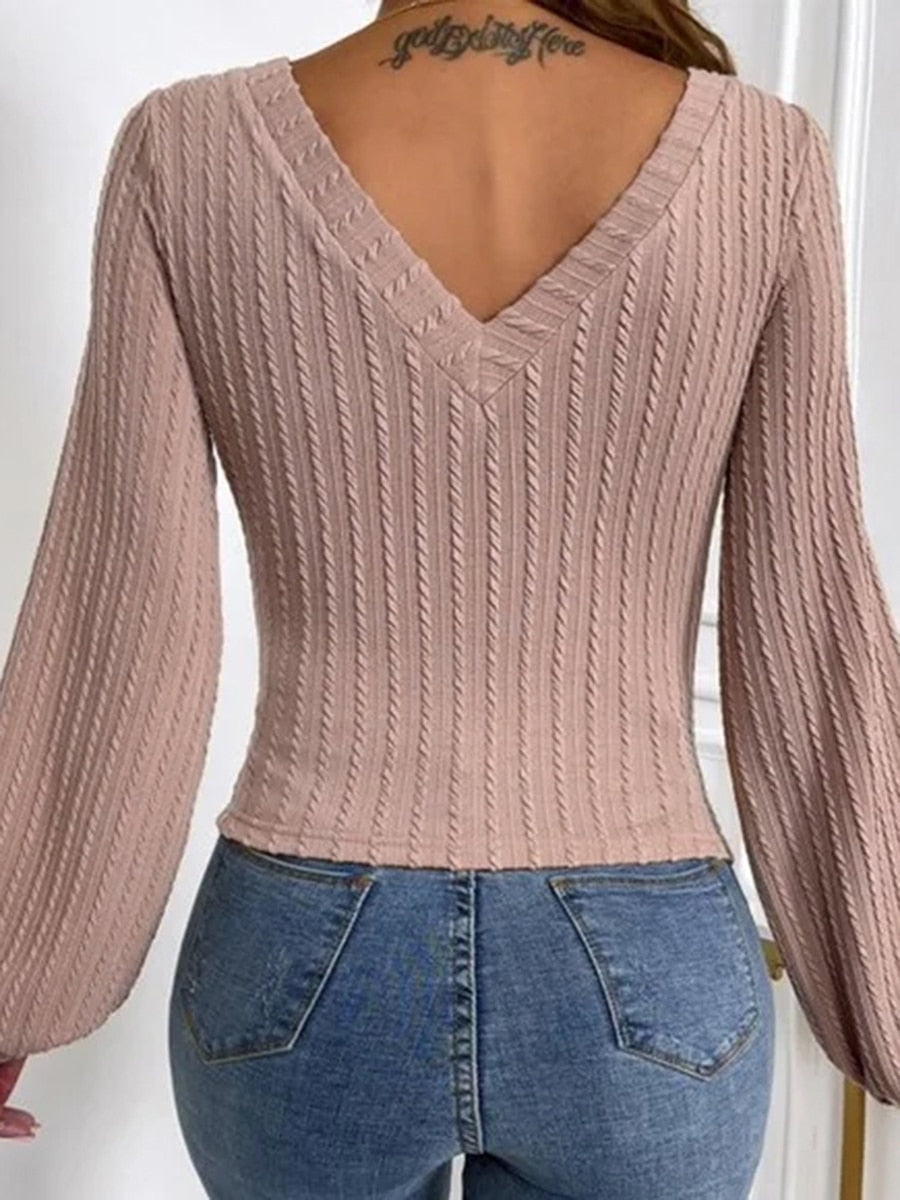 Lena - Haut en maille élégant avec col en V et manches longues pour femme