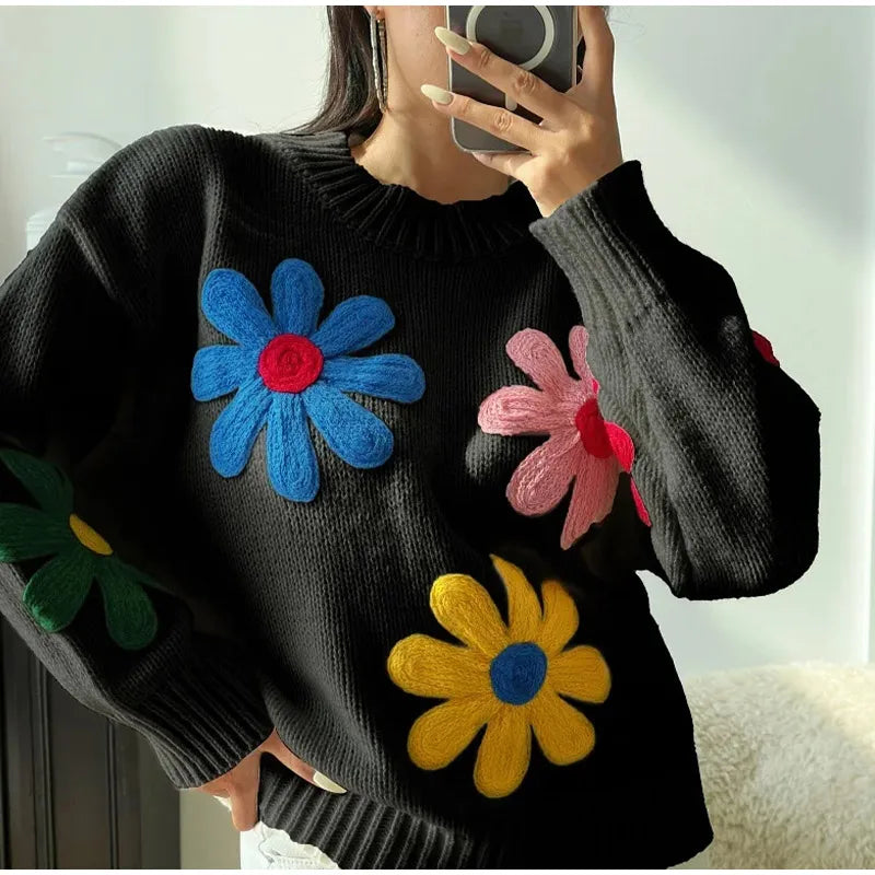 Farah - Pull en grosse maille avec applications florales voyantes