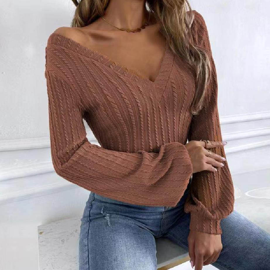 Lena - Haut en maille élégant avec col en V et manches longues pour femme
