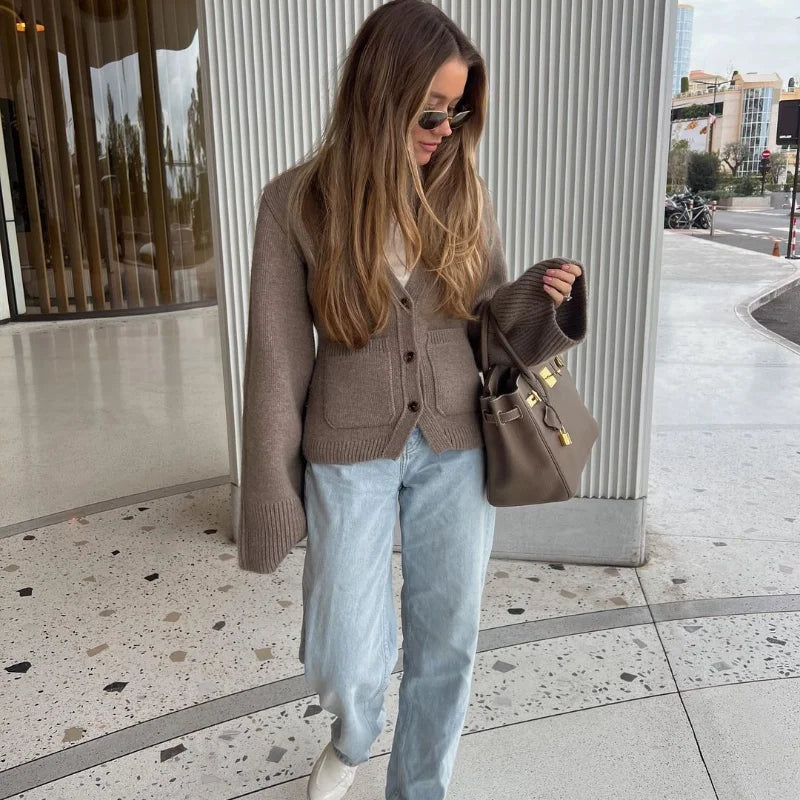 Loana - Cardigan Tricoté pour Femme à Col V et Boutons
