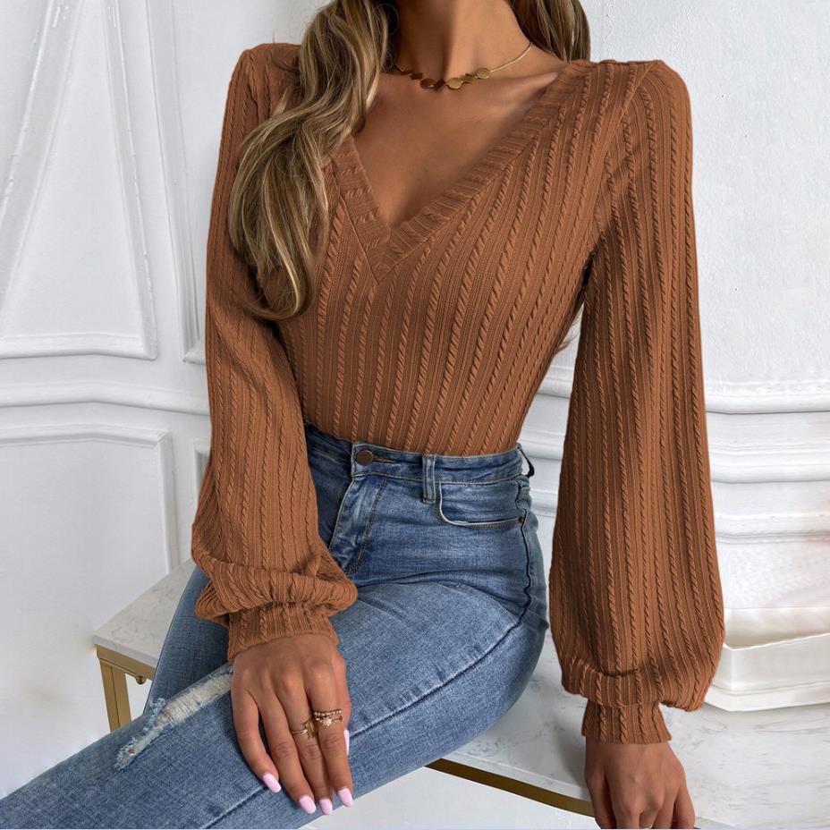 Lena - Haut en maille élégant avec col en V et manches longues pour femme