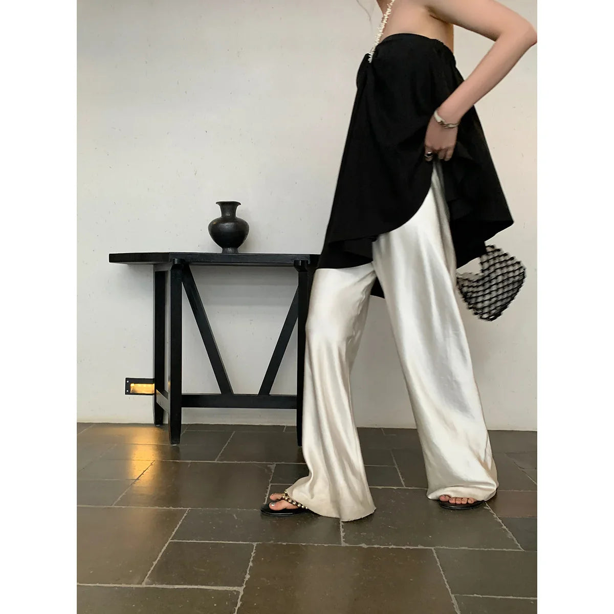 Pantalon large en satin Pantalon décontracté long Femme Été - Philippa