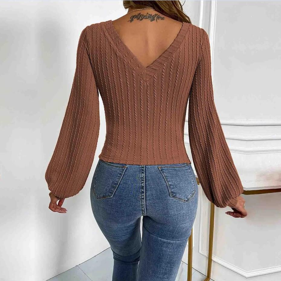 Lena - Haut en maille élégant avec col en V et manches longues pour femme
