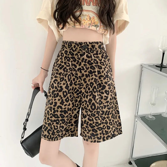 Phaidra - Femmes taille haute bouton poches zippées avec des motifs géométriques Imprimé léopard Shorts