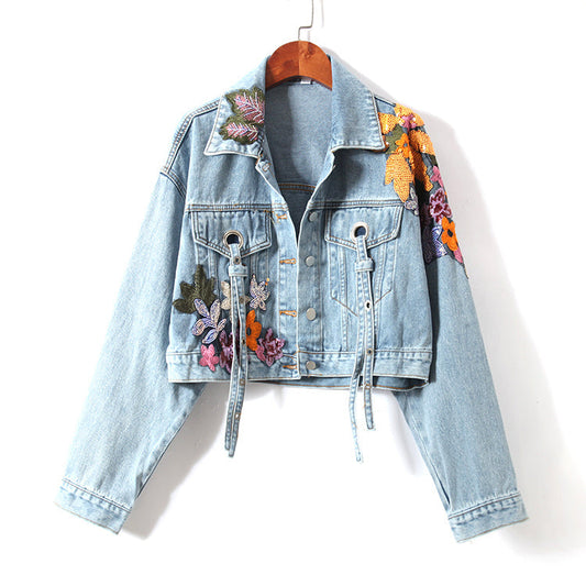 Julie - Veste en Denim avec Broderies Florales et Sequins