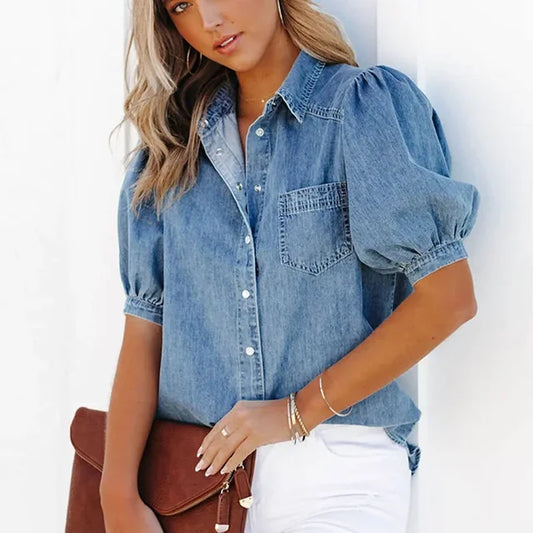 Amelia - Blouse en Denim Bleu Classique et Stylée d'Automne pour Femmes