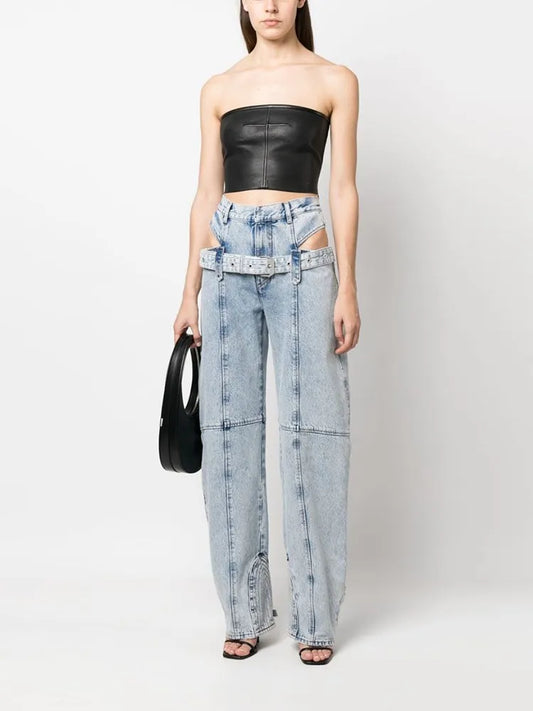 Jean en denim ceinturé taille haute streetwear découpé - Arianni