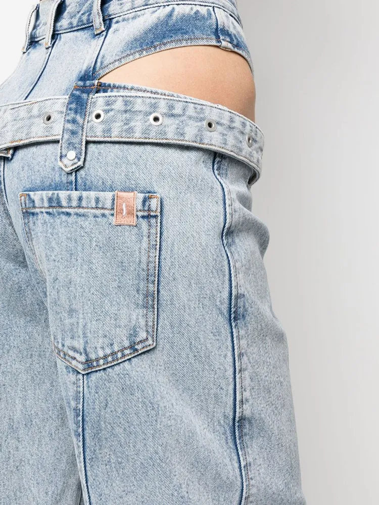 Jean en denim ceinturé taille haute streetwear découpé - Arianni
