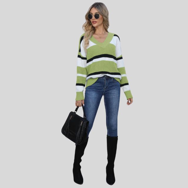 Emma - Pull décontracté à col en V et rayures contrastées