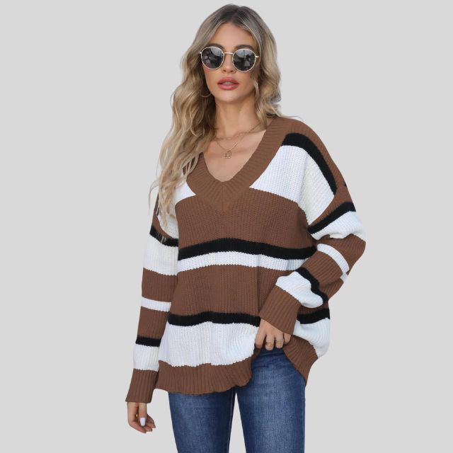 Emma - Pull décontracté à col en V et rayures contrastées