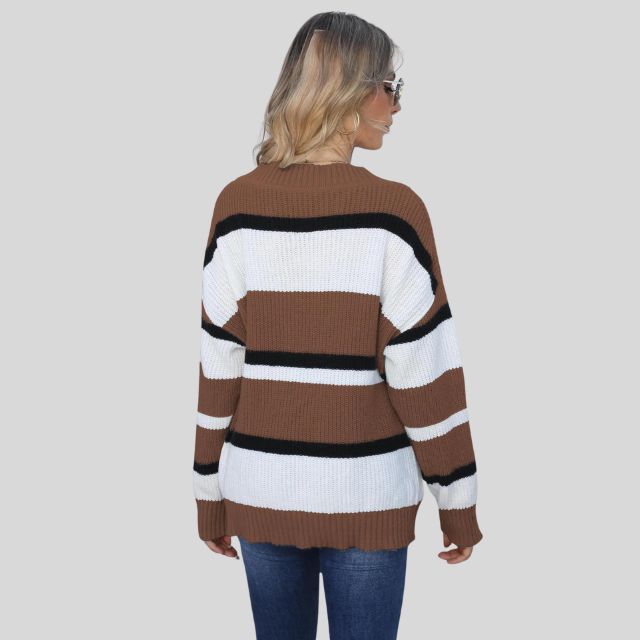 Emma - Pull décontracté à col en V et rayures contrastées