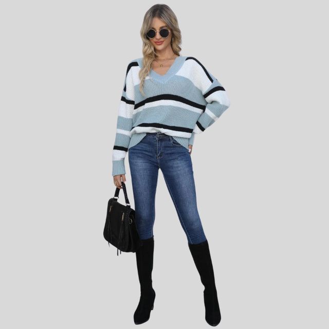 Emma - Pull décontracté à col en V et rayures contrastées