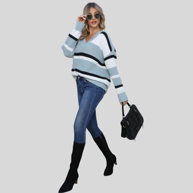 Emma - Pull décontracté à col en V et rayures contrastées
