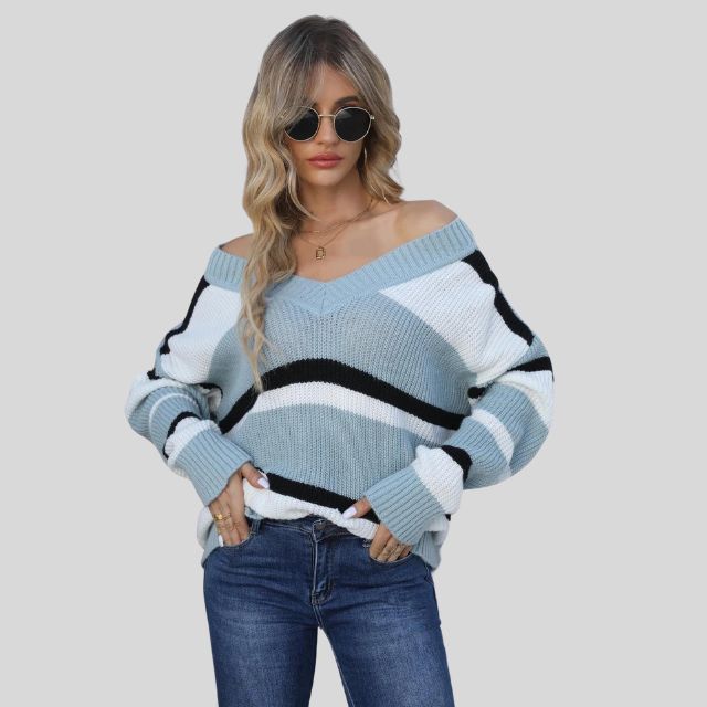 Emma - Pull décontracté à col en V et rayures contrastées