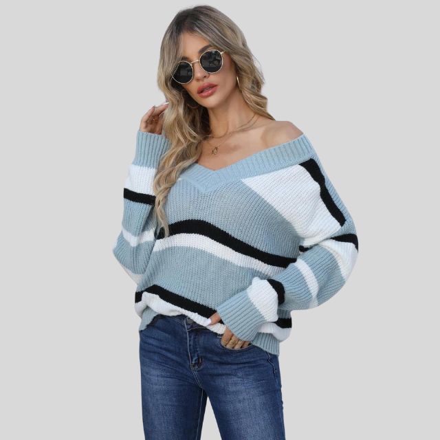 Emma - Pull décontracté à col en V et rayures contrastées