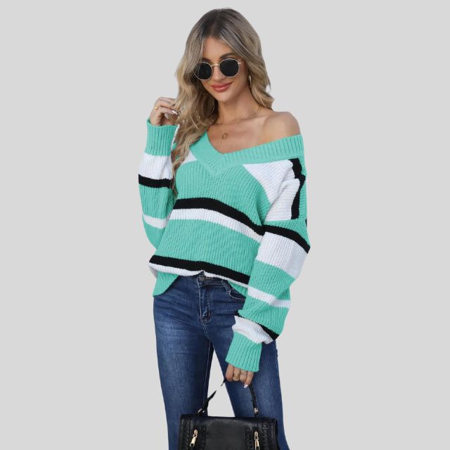 Emma - Pull décontracté à col en V et rayures contrastées