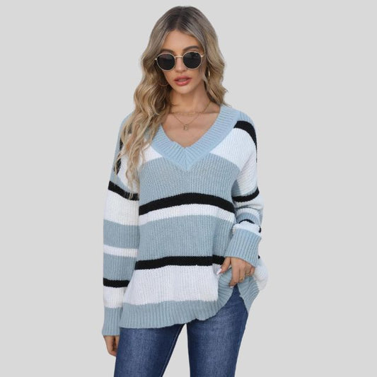Emma - Pull décontracté à col en V et rayures contrastées
