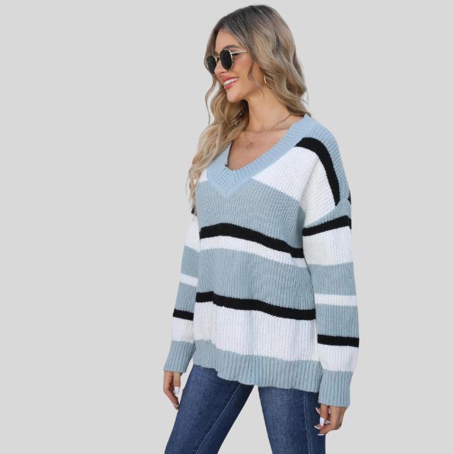 Emma - Pull décontracté à col en V et rayures contrastées