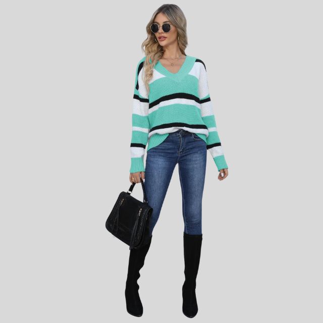 Emma - Pull décontracté à col en V et rayures contrastées