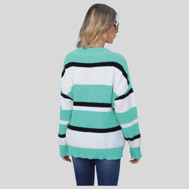 Emma - Pull décontracté à col en V et rayures contrastées