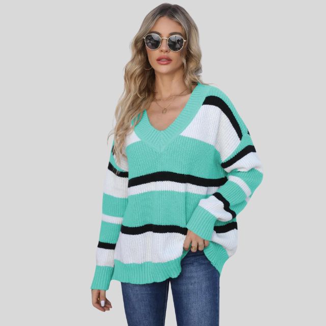 Emma - Pull décontracté à col en V et rayures contrastées