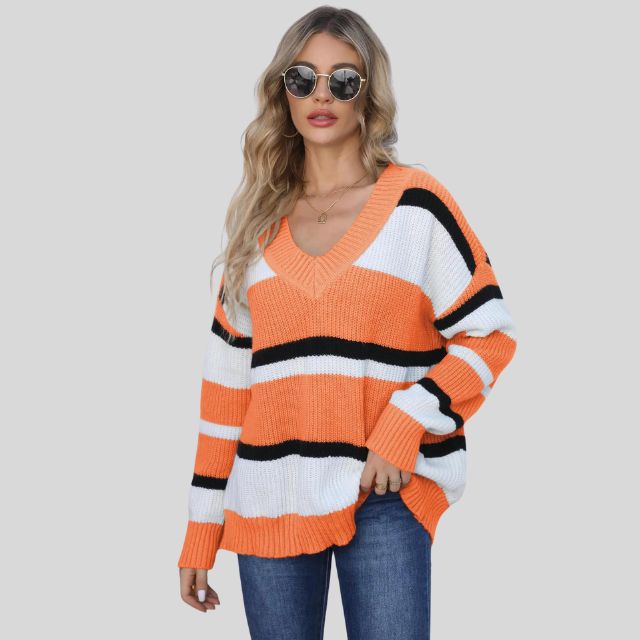 Emma - Pull décontracté à col en V et rayures contrastées