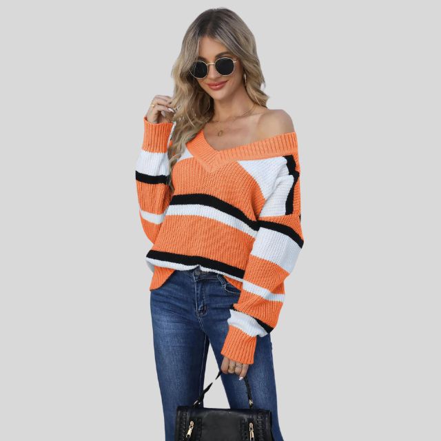 Emma - Pull décontracté à col en V et rayures contrastées