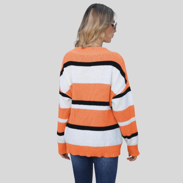 Emma - Pull décontracté à col en V et rayures contrastées
